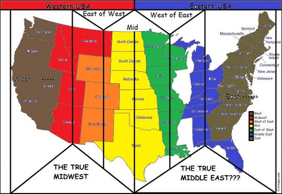 A map of the United States, but very poorly coloured and with the states of Illinois and Mississippi missing. A crude overlay splits the map into two halves, "Western USA" and "Eastern USA"; the midpoint of each region is labelled "the true Midwest" (touching Montana, Idaho, Utah, and Arizona) and "the true Middle East" (touching Michigan, Ohio, Indiana, Kentucky, Tennessee, Alabama, and Florida), respectively.
