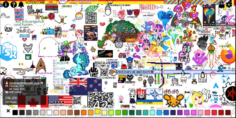 A screenshot of a variety of pixel artwork on a large white canvas. A row of colours on the bottom which are the palette users can use to draw on the canvas.