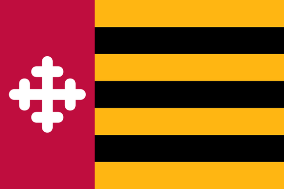 A 2:3 flag. The left third is red and contains in its center the cross from the Crossland Banner—except in all white. The right two thirds of the flag consists of seven horizontal stripes alternating in color—four yellow and three red.