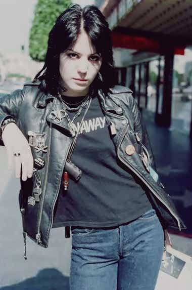 Joan Jett in Runaways T-shirt and leather jacket