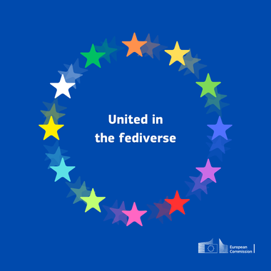 EU flag in coloured stars with the text United in the fediverse