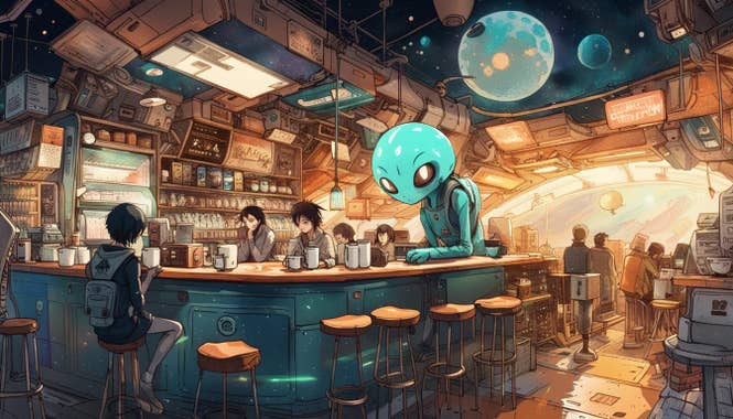 Outer space cafe with an alien