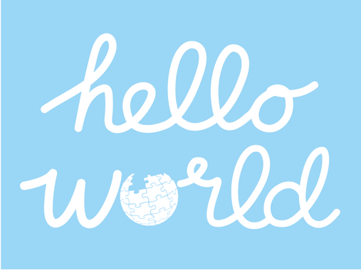 The phrase "hello world" written in cursive on a light blue background with the wikipedia puzzle globe as the o in world.