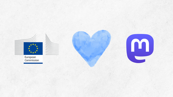A visual with the logo of the European Commission, a blue heart, and the Mastodon logo