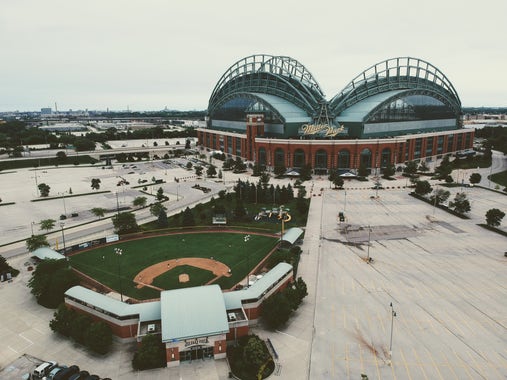 A drone photo of Miller Park in Milwaukee