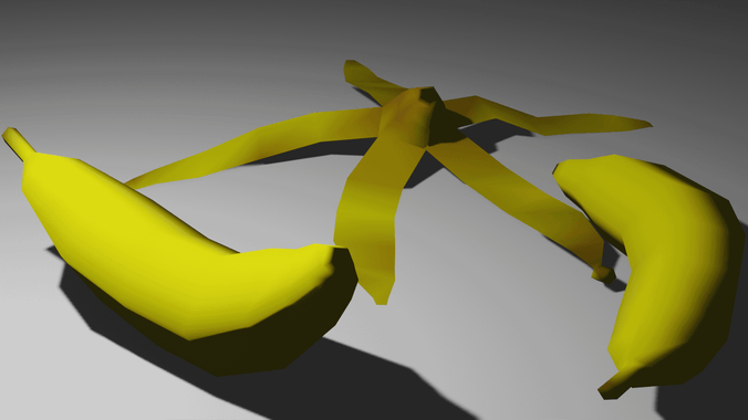Low-poly, smooth-shaded, 5-sided bananas. Including a peel that is starting to turn brown.