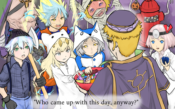 picture of prai handing out candy to trick or treaters. the scene is chaotic. text says, "Who came up with this day, anyway?"