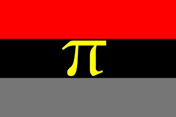 A flag filled with three vertical bars of (downwards) red, black, grey with a yellow pi in the black stripe