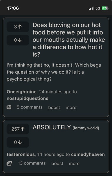 Picture of two successive posts on Kbin. The first asks a question and the second appears to answer it.