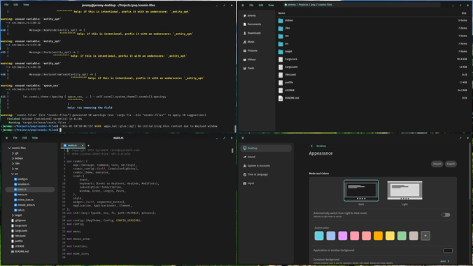 COSMIC applications in dark mode, with cosmic-term in the top left, cosmic-files in the top right, cosmic-edit in the bottom left, and cosmic-settings in the bottom right