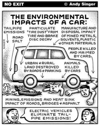A cartoon showing a car, the headline caption reads "The Environmental impacts of a car:" below which are sub headings with arrows pointing to parts of the car. The sub headlines read:
Tailpipe Emissions
Particulate ‘Tire Dust' From Tire And Brake Disc Decay
Manufacture And Disposal Impact Of Mined Metals, Solvents,Plastic & 0ther Materials
People Killed And Maimed By Cars
Urban+Rural Land Destroyed By Roads & Parking
Animals Killed By Cars
Mining,Emissions And Heat Sink Impact Of Roads, Bridges & Asphalt
Below the car there are dead plants, a dead bird, a dead dog, and a dead person.

In a lower panel there is a man saying to a woman (who is looking shocked) "Electric Vehicles Eliminate Tail- Pipe Emissions!"

Copyright Andy Singer