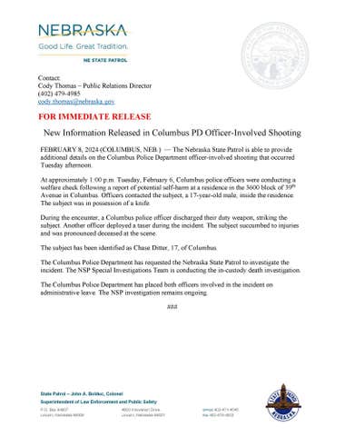 Press release from Columbus, Nebraska Police Department regarding office killing of 17-year-old during a welfare check