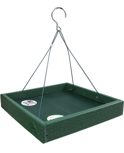 A hanging bird feeder with a green composite wood frame and a metal mesh screen bottom. 