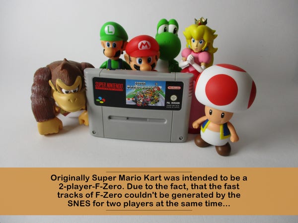 Originally Super Mario Kart was intended to be a 2-player-F-Zero. Due to the fact, that the fast tracks of F-Zero couldn't be generated by the SNES for two players at the same time... 