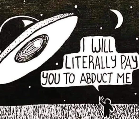 Black and white cartoon of a human looking up at a large alien ship in the sky while saying, "I will literally pay you to abduct me."