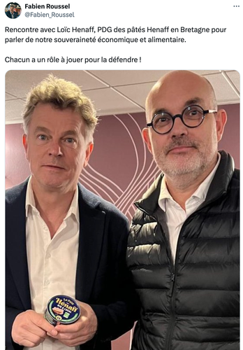 Tweet de Fabien Roussel sur X: Rencontre avec Loïc Henaff, PDG des pâtés Henaff en Bretagne pour parler de notre souveraineté économique et alimentaire. Chacun a un rôle à jouer pour la défendre !"