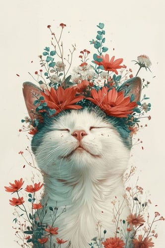 Art of a kitty with a flower crown and flowers around its little body. It's smiling because it trashed its human's table.