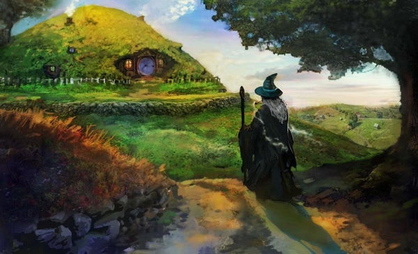 A painted scene depicting a wizard looking at Bag End in the Shire. Artist unknown.