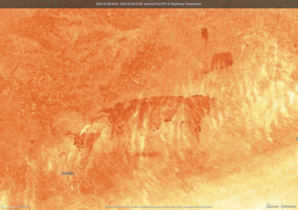 Satellite map of a wildfire showing a large burn scar east of Amarillo, TX