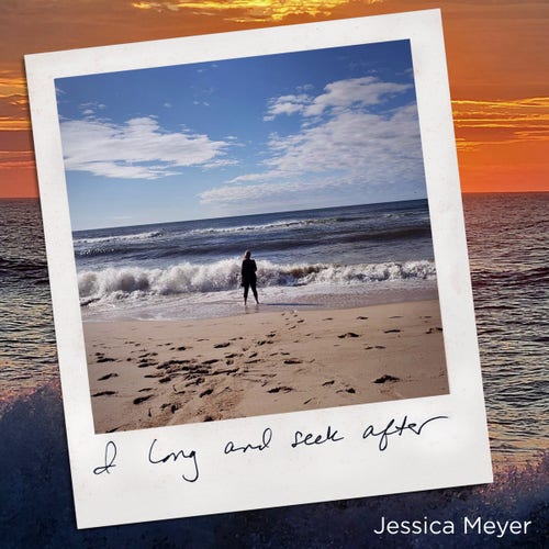 Cover of Jessica Meyer’s New Focus Recordings album “I long and see after”, featuring a snapshot of a woman on a beach looking out to sea, laid at an angle on top of another image of the sea.