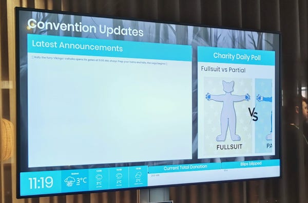 Info screen titled "convention updates" showing announcements and a poll between full and partial fursuit on the right, with the image being cut off