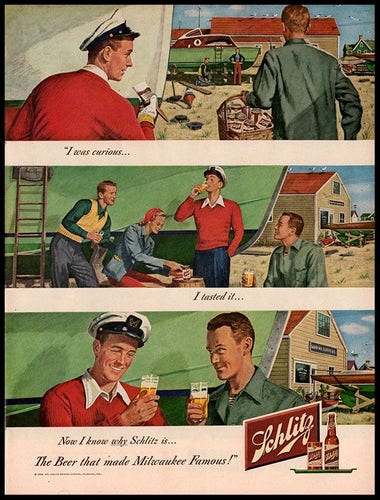Vintage ad for Schlitz beer. In dry dock, a man wearing a red sweater, a dress shirt, and a captain's hat is painting the side of a boat. Another man dressed in green overalls walks by, carrying a basket full of beer cans. The man in the red sweater joins him and drinks one of the beers. The man in the green overalls looks at him expectantly. Tagline reads: "I was curious… I tasted it…"