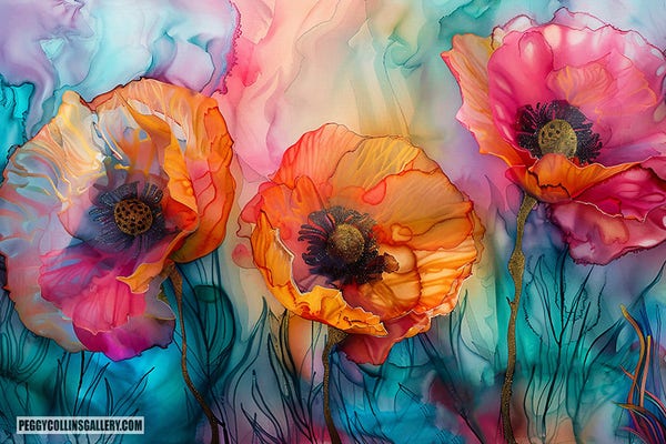 Colorful artwork of three poppies, by artist Peggy Collins.