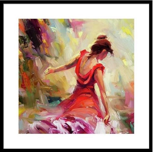 Framed print of an original oil painting depicting a young woman in a red dress, arms held out gracefully in a swirling dance.