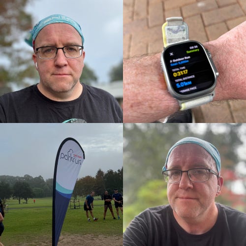 Alex Kidman (Sweaty and non-sweaty version), an Apple Watch showing a run time and a Parkrun banner. (Photos: Alex Kidman)