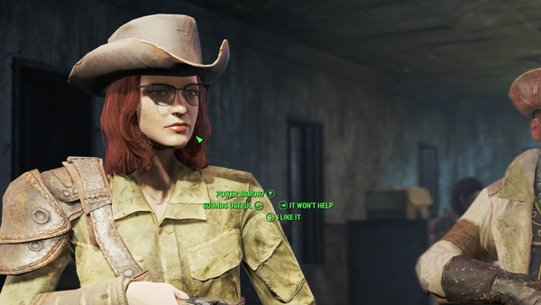 Nora Brown, my Fallout 4 character wearing a cowboy hat and army fatigues.