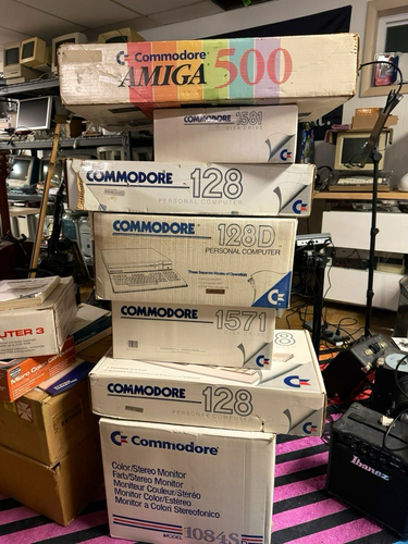 Amiga 500, commodore 1581, c128, c128d, 1571, c128, 1084s monitor, all in original boxes 