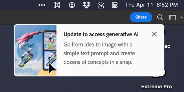 Screenshot from Adobe Photoshop on the Mac desktop - Update to access generative Al. Go from idea to image with a simple text prompt and create dozens of concepts in a snap.