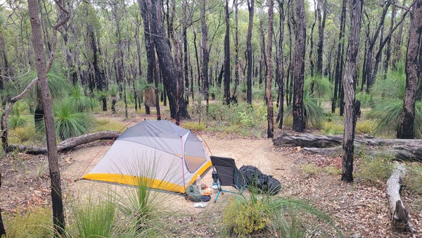 A small tent with a lightweight chair, pack and assorted camping stuff on a cleared pitch in a jarrah forest 