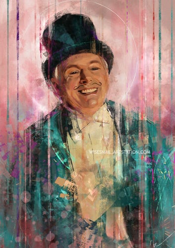 Portrait of Michael Sheen as Aziraphale, dressed as a magician, with a fake moustache painted above his lips and a top hat. He is wearing an emerald green cape, and is laughing. The face is quite detailed, while everything else is rendered in rough brush strokes. A bright halo surrounds Aziraphale's head <: