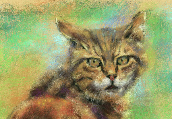 What's up is a soft pastels painting in horizontal format by artist Karen Kaspar. It shows a portrait of a beautiful tabby cat turning the head to the viewer and looking at you. The background is abstracted in vibrant shades of green.