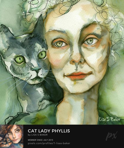 A woman with light-colored curly hair and enigmatic green eyes has a serene expression, alongside a gray and white cat peering over her shoulder with a penetrating gaze. They share a similar intensity and color in their eyes, creating a sense of unity and companionship between human and animal.