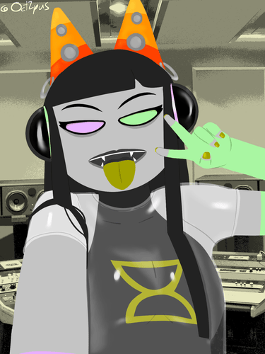 a yellow blooded homestuck troll throws a v sign to the camera. she is sticking her tongue out. She has pierced horns that resemble cat ears that also have speakers as gauges, she is wearing floating earcups, a transparent vinyl tshirt over an american armhole crop top. One pink glove is barely visible, and another green fingerless glove is fore-arm length.
She has a hime hair cut, one eye is pink and one eye is green.