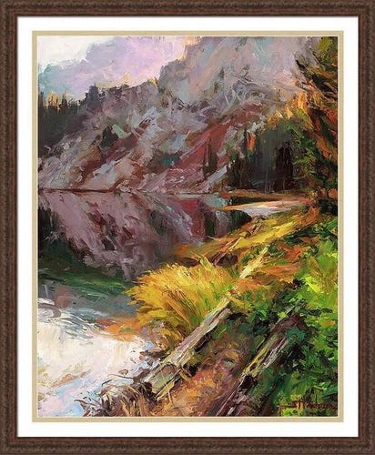 Framed print of an original oil painting depicting a calm, still lake, high in the mountains, at twilight.