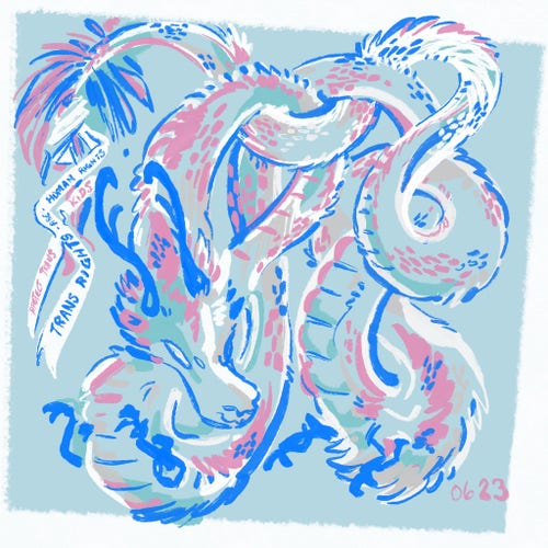 Art by me of an eastern "noodle" dragon in trans pride colors. It loops and twines serpentine around itself. A banner tied to its tail reads "trans rights are human rights" and "protect trans kids"