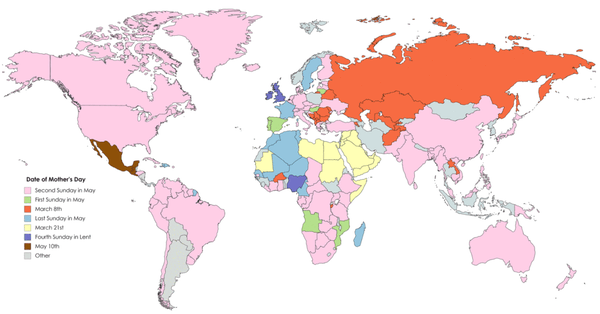 Map of Mother's Day observed by country
