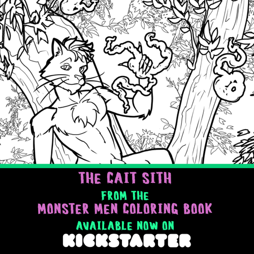 Promo image of my Monster Men Coloring Book kickstarter featuring the Cait Sith page