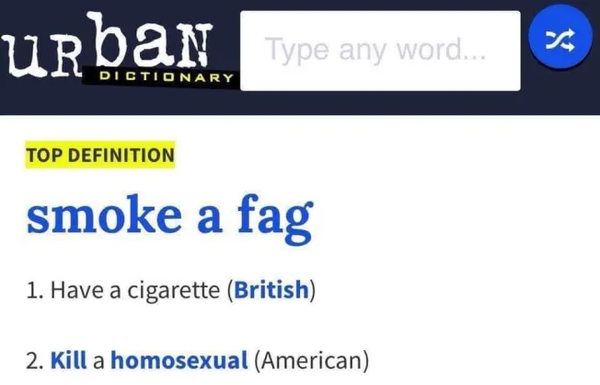 An Urban Dictionary definition for "smoke a fag" which means have a cigarette in British English and kill a homosexual in American English