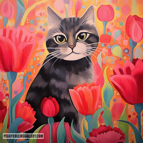 Whimsical artwork of a tabby cat sitting in a garden of red tulips, by artist Peggy Collins.