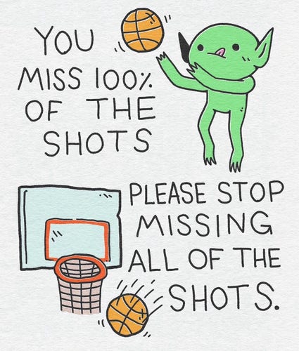 Illustration of a green creature tossing a basketball with the text "You miss 100% of the shots" above and "Please stop missing all of the shots." below, alongside a basketball hoop with a missed shot.