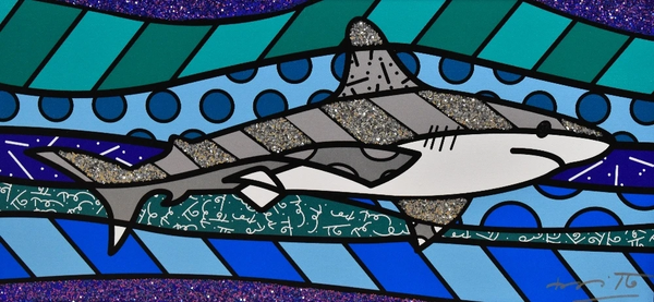 mixed media piece, pop art style, landscape orientation: single shark in side profile, grey/white (including silver stripes highlighted in diamond dust), swimming through waves of multipatterned and multicolored water (green/blue/purple/black/white, spots/stripes/squiggles/sparkles), with artist signature in silver visible bottom right