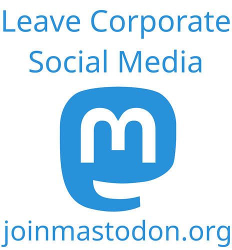 Sticker design that says "Leave Corporate Social Media" at top, has the mastodon logo in the middle, and says "joinmastodon.org" at the bottom.