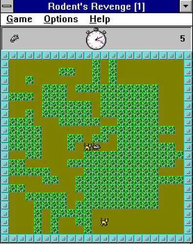 A screenshot of Rodent's Revenge, running in Windows 3.1. It is an arcade puzzler in which you trap cats in cells to turn them into cheese.