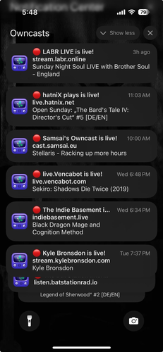 A screenshot of an iPhone home screen with notifications from Owncasts saying that different live streams have gone live.