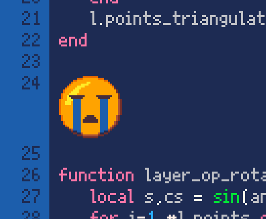 Screenshot of the picotron code editor, with a crying face emoji between two lines of code