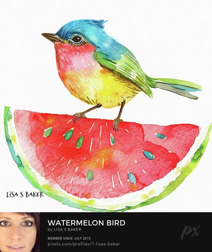 A vibrantly colored bird is perched on a slice of watermelon, a whimsical combination of nature and summer treats. The watercolor style adds a softness to the portrayal, with the colors bleeding into each other giving a playful yet gentle effect. 